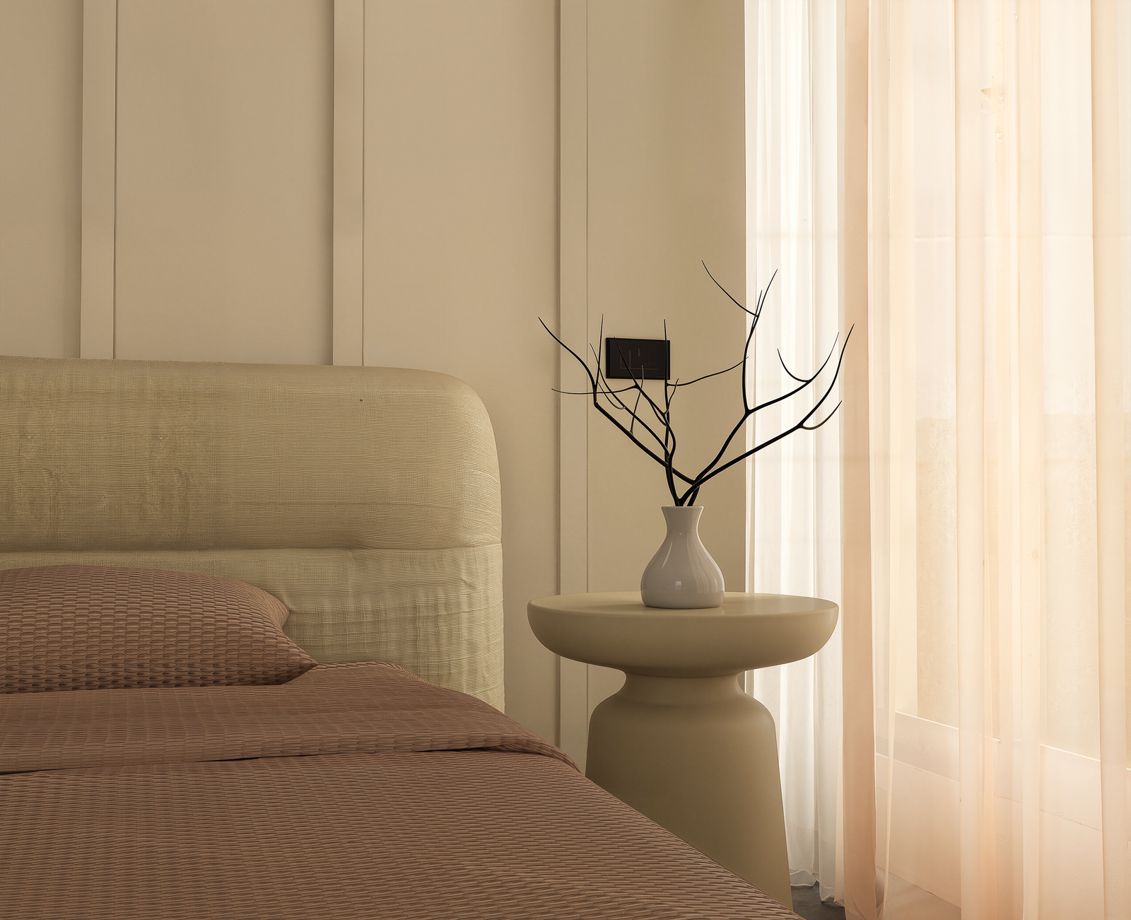 Bedroom nightstand closeup with ceramic vase and dried branches